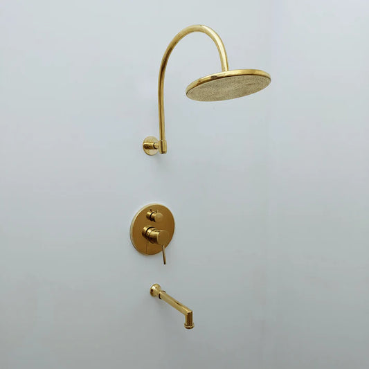 Brasska Unlacquered Brass Shower System with Tub Spout and Round Rainfall Shower Head