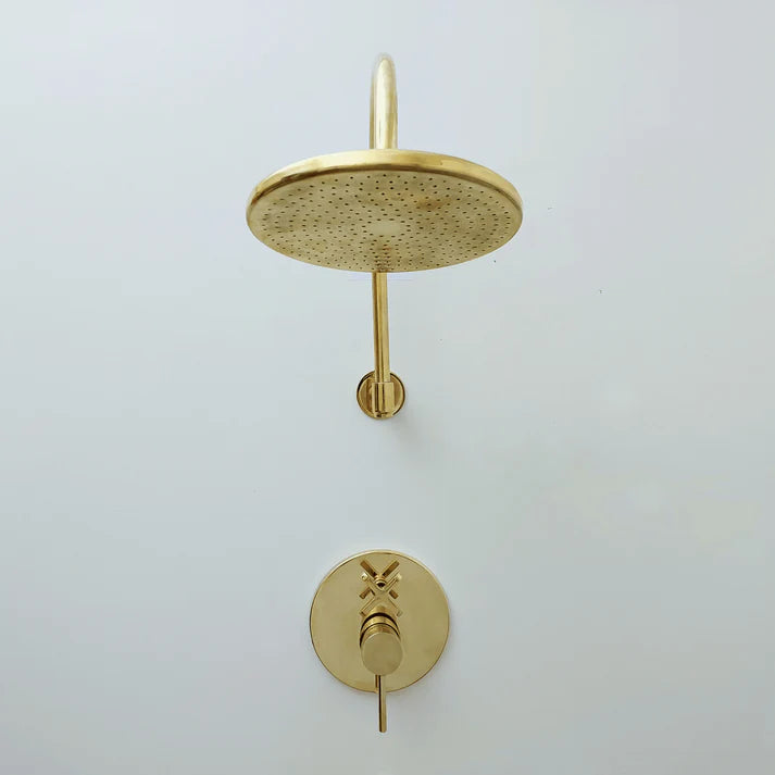 Brasska Unlacquered Brass Shower System with Tub Spout and Round Rainfall Shower Head