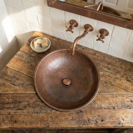 Aged Copper Vessel Sink – Hand Hammered Round Bathroom Vanity Basin