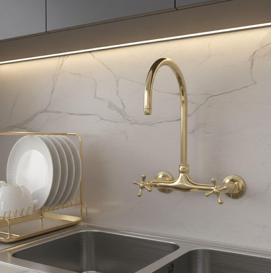 Vintage Brass Wall-Mount Kitchen Faucet – 8” Spread | Brasska