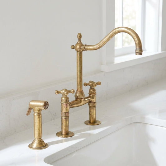 Traditional Unlacquered Brass Bridge Kitchen Faucet With Sprayer