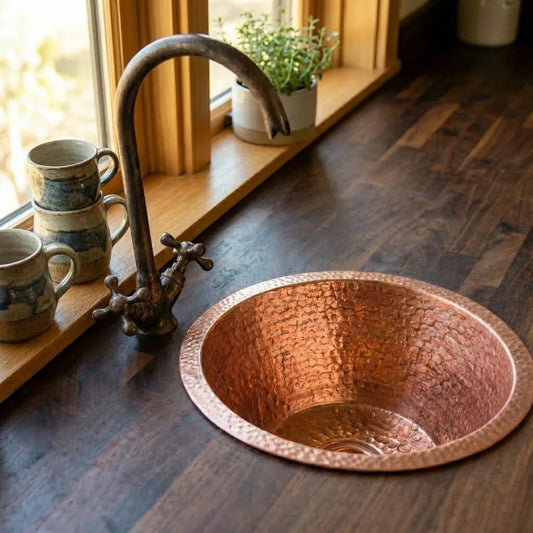 Round kitchen Sink, Hammered Copper Round Drum Bar Sink Including Drain