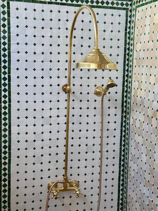 Unlacquered Brass Shower System with Handheld And Vintage Head Combo, Exposed Pipe