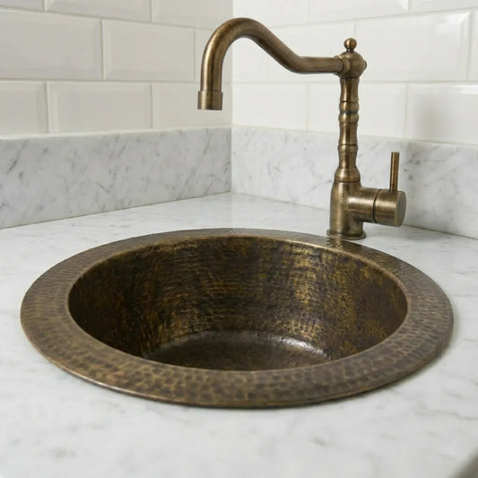 Hammered Antique Brass Bar Sink – Solid Round Drop-In Prep Sink with Aged Patina Finish