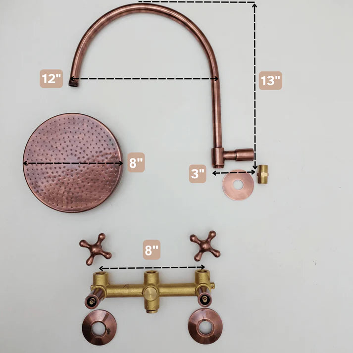 Wall Mounted Copper Shower System with Vintage Cross Handles – Handmade Brass Fixture