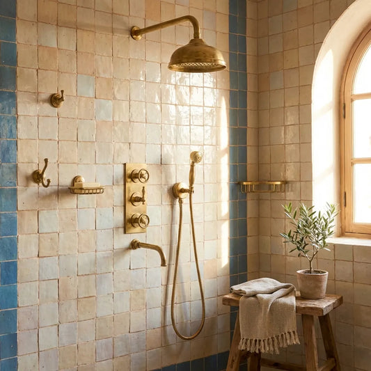 Heritage Unlacquered Brass Wall-Mount Shower System with Rain Head & Handheld