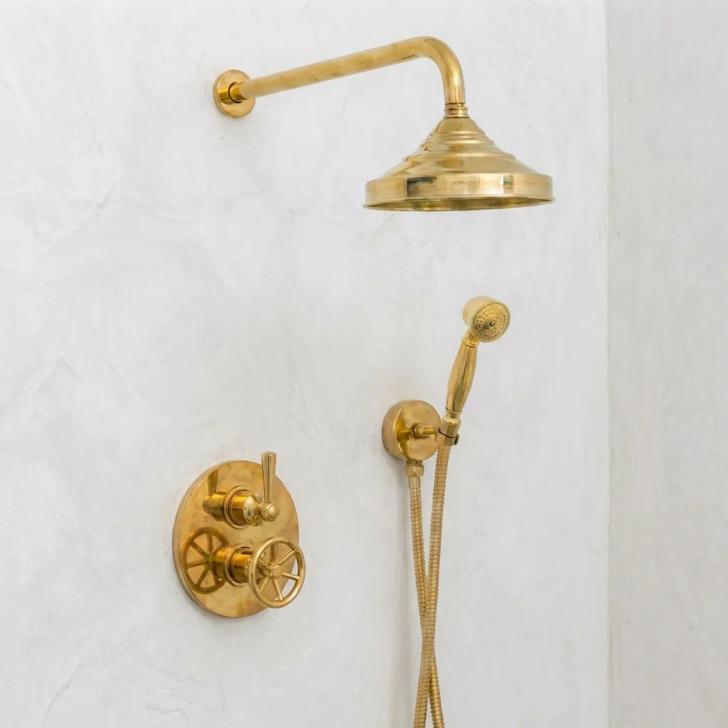 Unlacquered Brass Thermostatic Mixer Shower System –Rain Head with Handheld