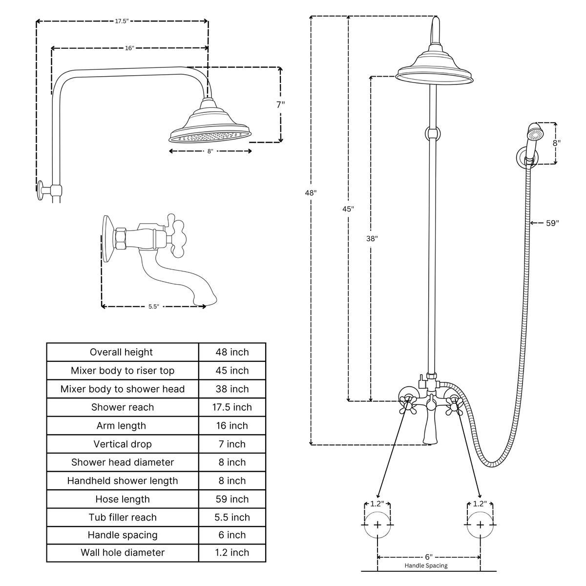 Unlacquered Brass Exposed Shower System with Dome Rain Head, Handheld & Tub Filler