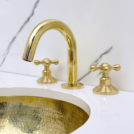 Unlacquered Brass Gooseneck Widespread Bathroom Faucet with Cross Handles – Classic Arc