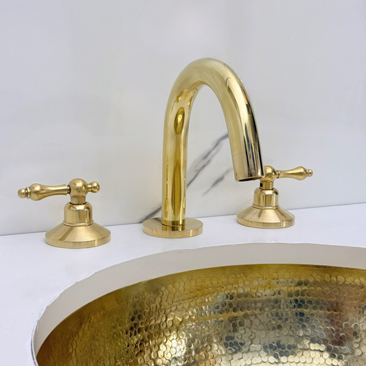 Unlacquered Brass Gooseneck Widespread Bathroom Faucet with Lever Handles – Classic Arc