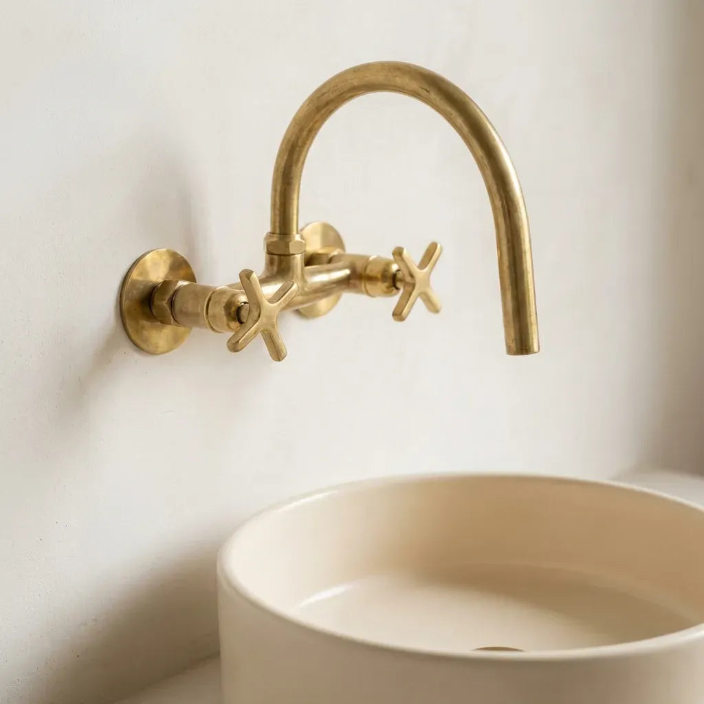 Unlacquered Brass Wall-Mount Bridge Faucet with Cross Handles