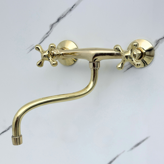 Unlacquered Brass Wall-Mount Faucet with Cross Handles โ Style 15