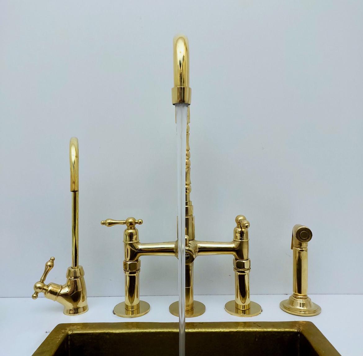 Luxury Brass Bridge Kitchen Faucet with Side Sprayer & Drinking Tap