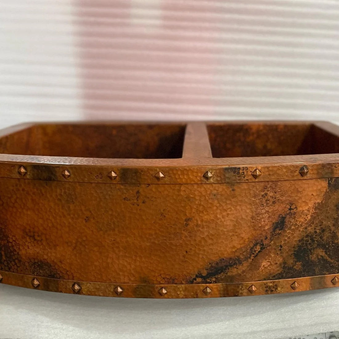 Handmade Copper Double Bowl Farmhouse Sink – Apron Front with Decorative Rivets