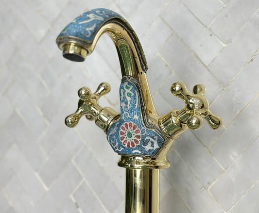 ARTISAN BRASS VESSEL SINK FAUCET – HANDCRAFTED BATHROOM TAP WITH COLORFUL RESIN ACCENTS