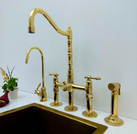 Luxury Brass Bridge Kitchen Faucet with Side Sprayer & Drinking Tap