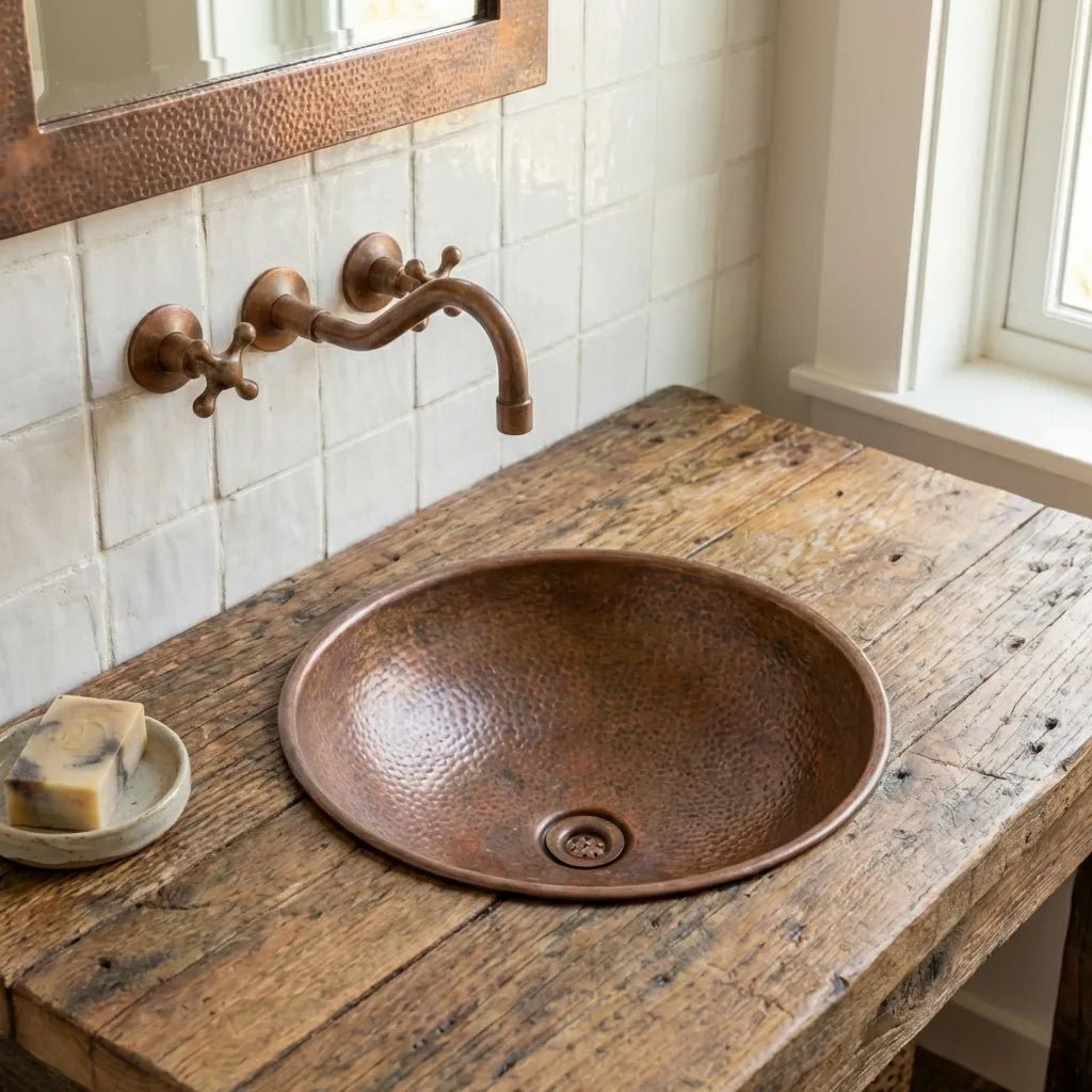 Aged Copper Vessel Sink – Hand Hammered Round Bathroom Vanity Basin - Brasska