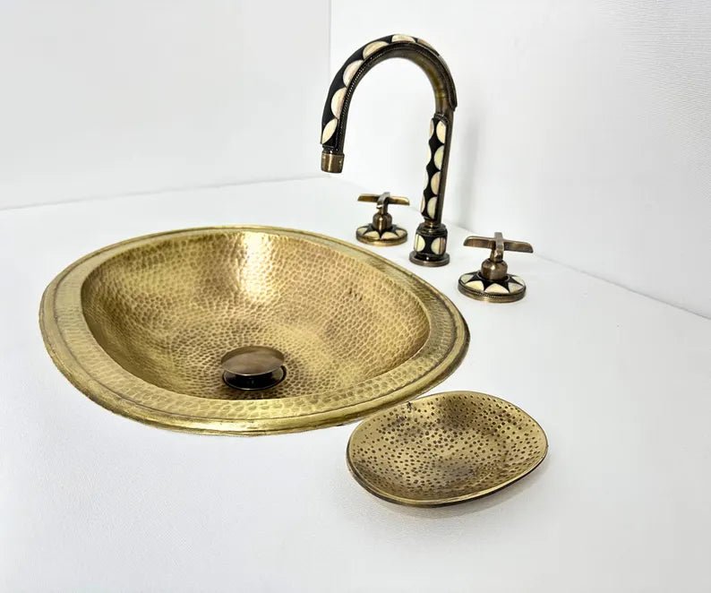 Bone Inlay Brass Deck Mount Lavatory Faucet โ Double Handle - Brasska