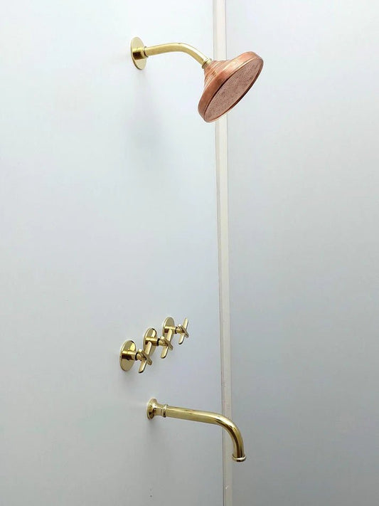 Brasska Unlacquered Brass Shower System – Wall Mounted with Tub Spout & Cross Handle - Brasska