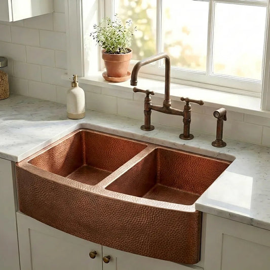 Copper Double Basin Farmhouse Sink-Sable - Brasska