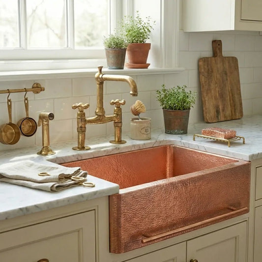 Copper Sink Hammered Front Apron With Towel Bar-Bryn - Brasska