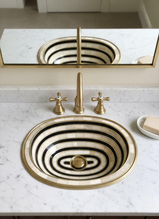 Elegant Handmade Brass Sink – Black & White Striped Art Basin, Luxury Bathroom Statement Piece