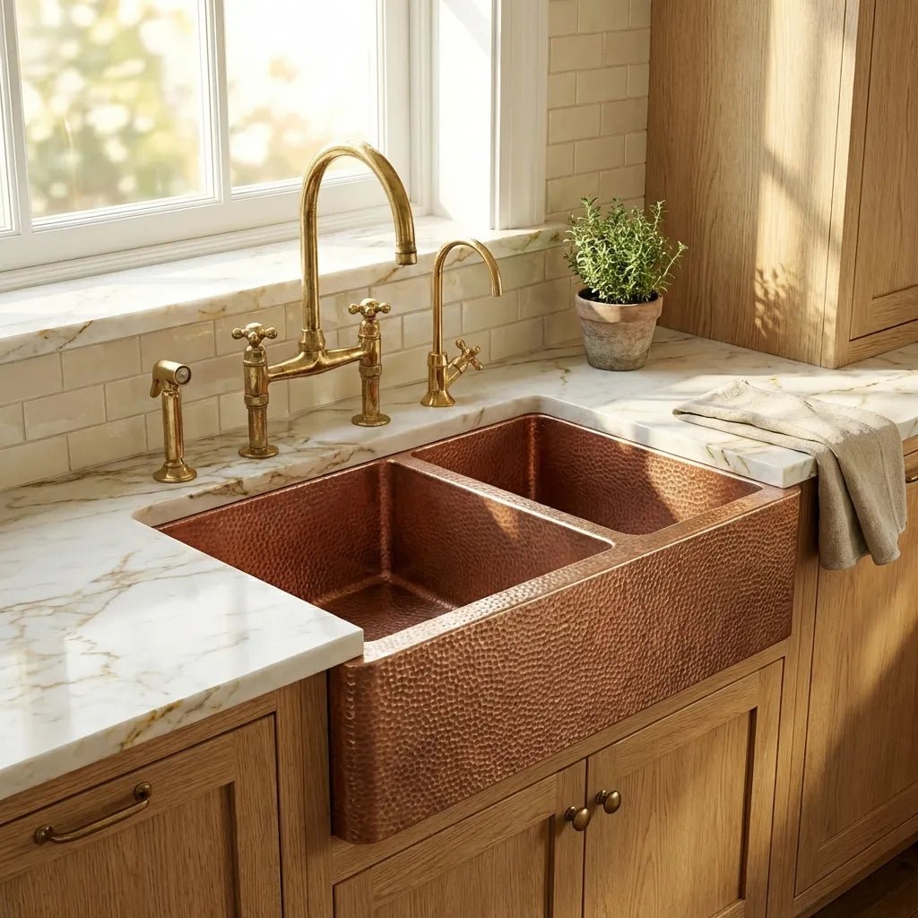 Double-Bowl Hammered Copper farmhouse sink - Small Bowl Right -Solara - Brasska