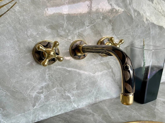 Elegant Wall-Mount Brass Faucet with Black Inlay – Handmade Unlacquered Brass Bathroom Fixture - Brasska