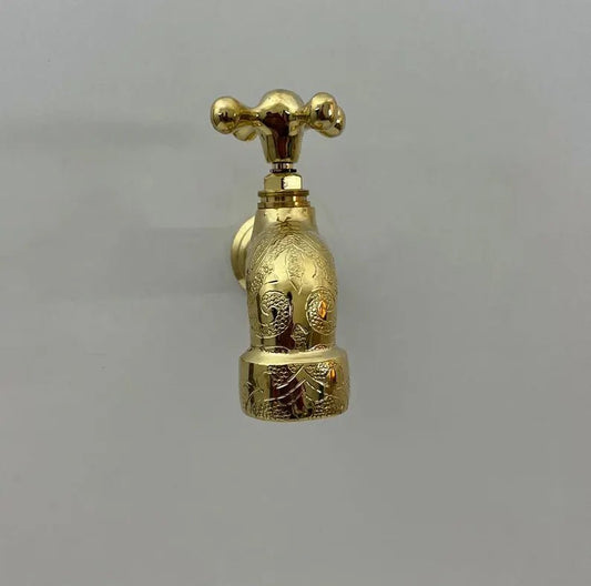 Engraved Brass Wall Faucet – Handmade Moroccan Unlacquered Brass Tap - Brasska