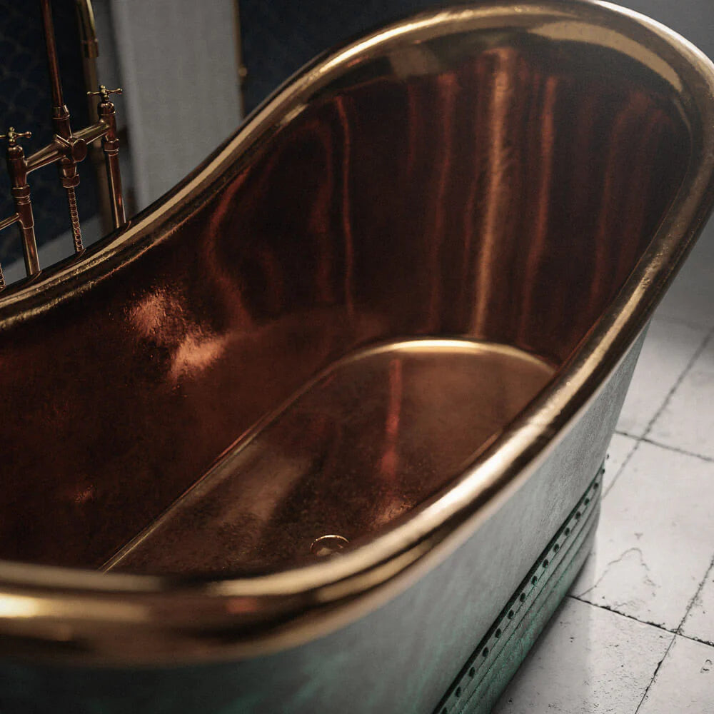 Vintage Green Copper Bathtub with Brass Interior – Freestanding Double Slipper Tub