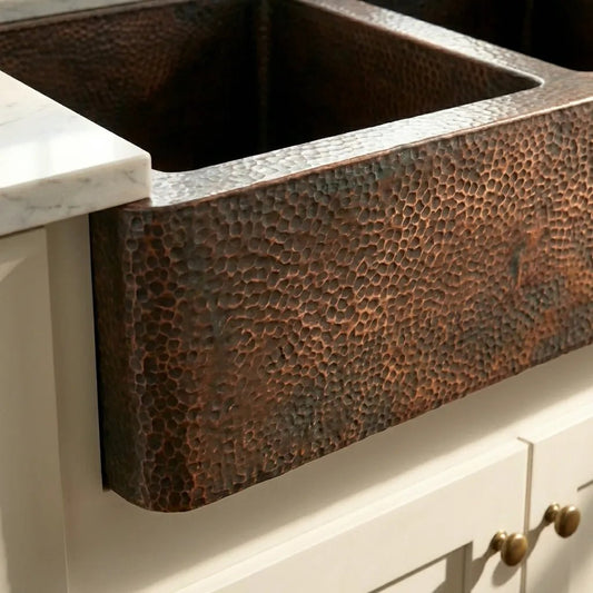 Hammered Copper Double Bowl Farmhouse Sink - Nocturn - Brasska