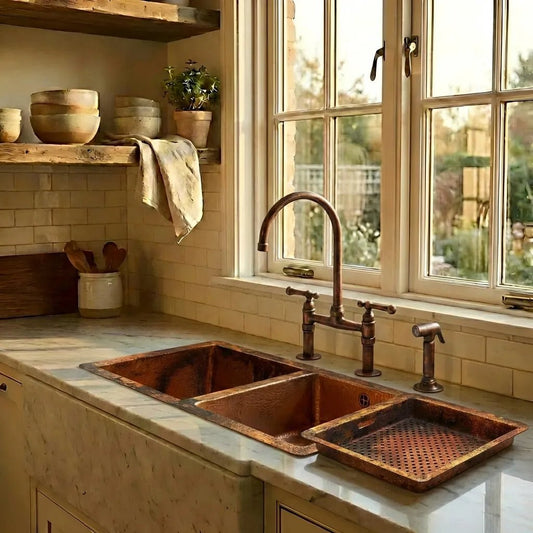 Hammered Double Bowl Copper Undermount Kitchen Sink - Zeta - Brasska