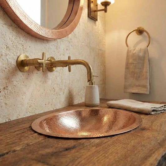 Hammered Oval Copper Vessel Sink – Handmade Drop-In Bathroom Basin - Brasska