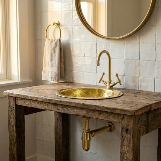 Hammered Unlacquered Brass Round Bar Sink – Solid Brass Prep Sink with Drain - Brasska