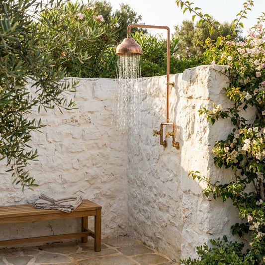Handcrafted Outdoor Copper Rain Shower โ Wall-Mounted Rustic Shower with Cross Handles - Brasska