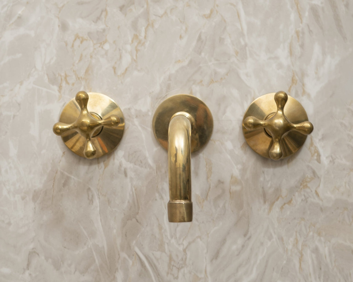 Handcrafted Three-Hole Unlacquered Brass Wall Mounted Vanity Faucet - Brasska