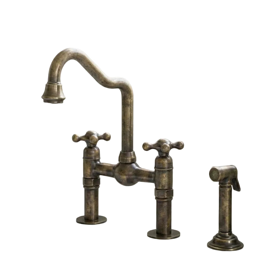 Handmade Antique Brass Heritage Bridge Kitchen Faucet - S-Curve Spout - Brasska