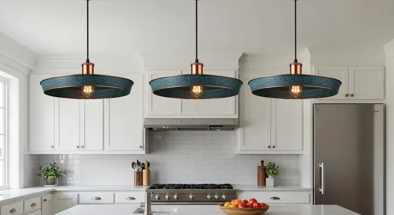 Handmade Copper Patina Pendant Light โ Rustic Farmhouse Ceiling Lamp for Kitchen Island & Dining Room - Brasska