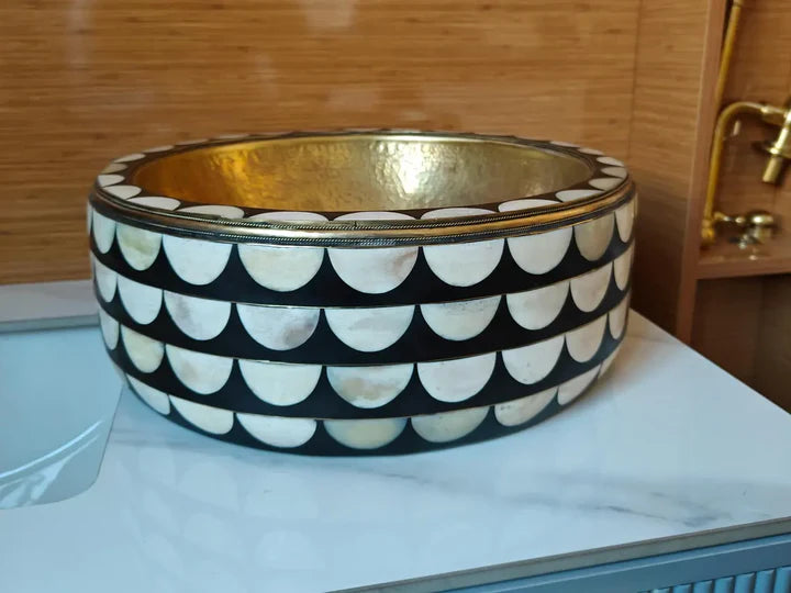 Handmade Brass & Inlay Vessel Sink – Decorative Round Bathroom Basin