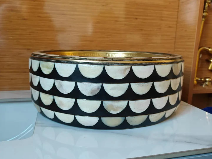 Handmade Brass & Inlay Vessel Sink – Decorative Round Bathroom Basin