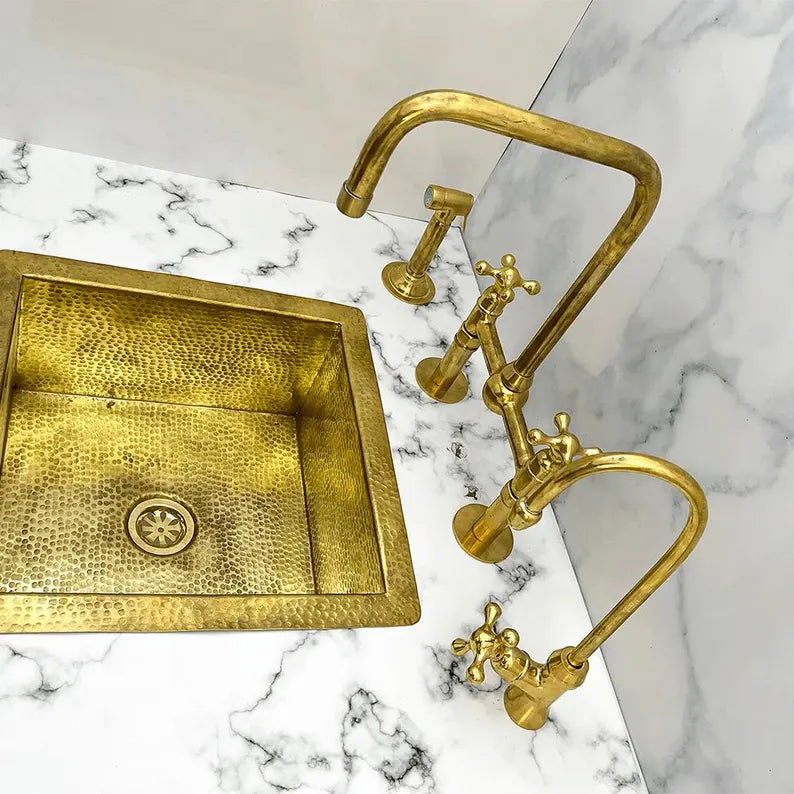 Luxury Bridge Kitchen Faucet Set with Side Sprayer & Soap Dispenser – Unlacquered Brass