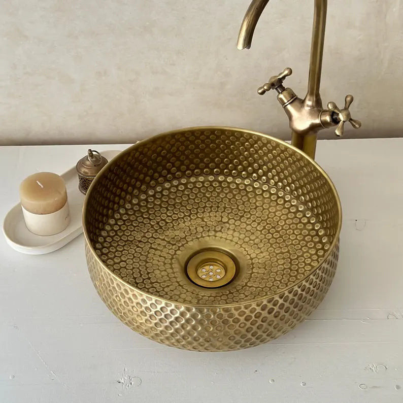 Hammered Copper Vessel Sink – Round Handcrafted Bathroom Basin