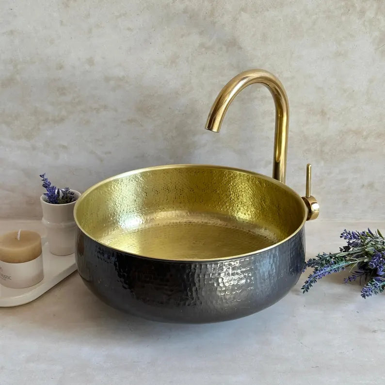 Hammered Brass Vessel Sink – Gold Interior Finish