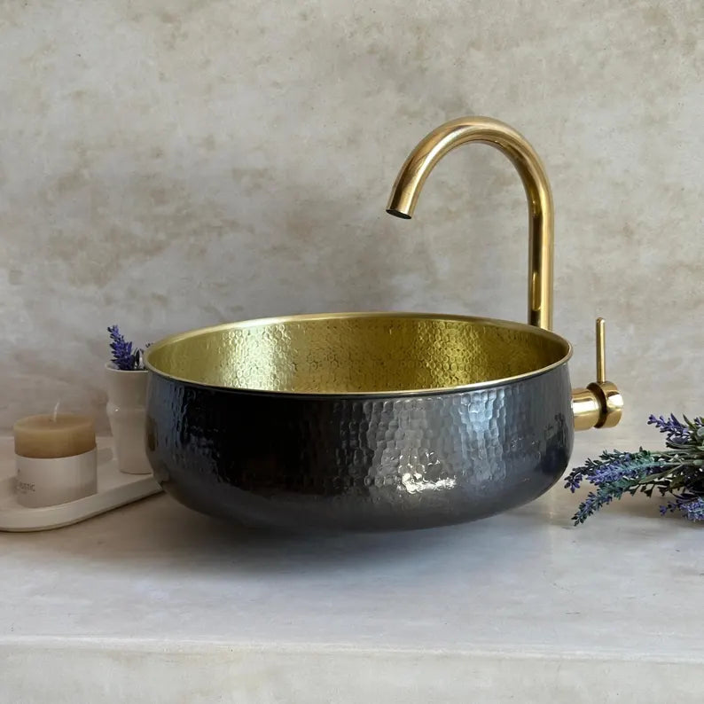 Hammered Brass Vessel Sink – Gold Interior Finish