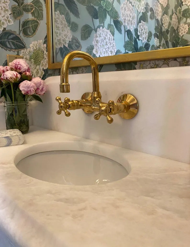 Wall-Mounted Vintage Brass Lavatory Faucet – Dual Cross Handles