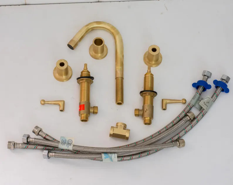 Luxury 3-Hole Brass Bathroom Faucet – Modern Unlacquered Brass Sink Mixer with Dual Handles