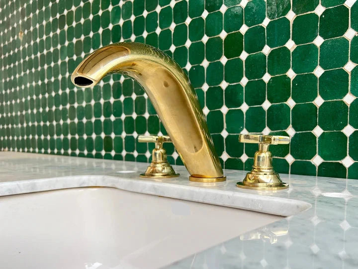 Handmade Brass Widespread Bathroom Faucet – Curved Spout with Cross Handles
