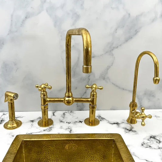 Luxury Bridge Kitchen Faucet Set with Side Sprayer and Soap Dispenser in unlacquered brass finish by Brasska