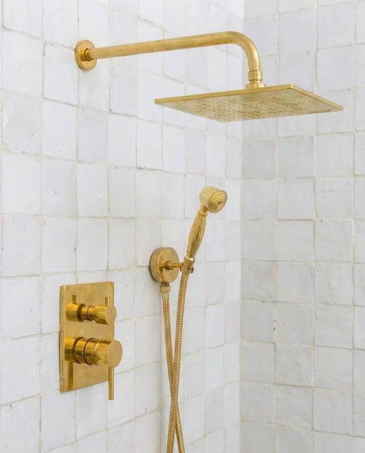 Luxury Unlacquered Brass Rain Shower System โ Wall Mounted with Handheld Sprayer - Brasska