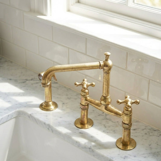 Old-World Unlacquered Brass Bridge Faucet With Traditional Design - Brasska